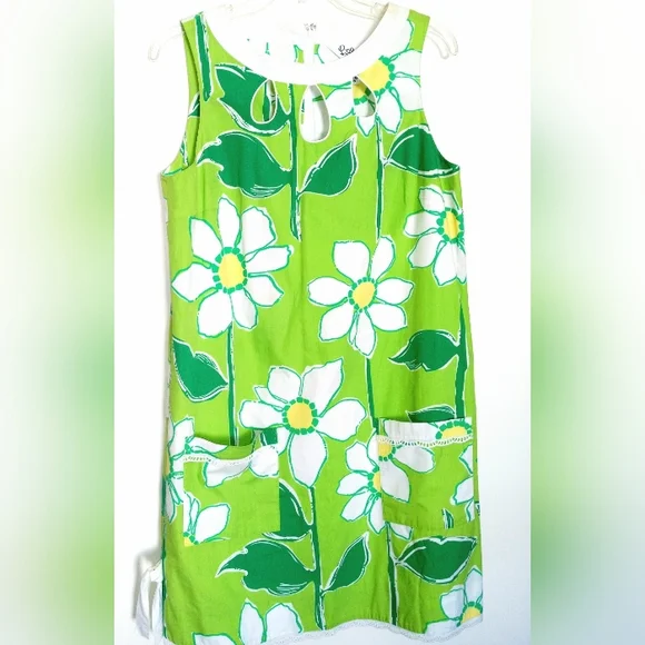 LILLY PULITZER Retro Lime Green and White Daisy Floral Smock Dress Size 8 - Picture 5 of 11